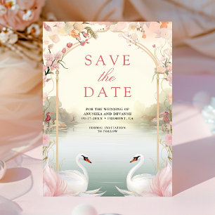 Soft Pink Floral Romantic Swans Indian Wedding Save The Date