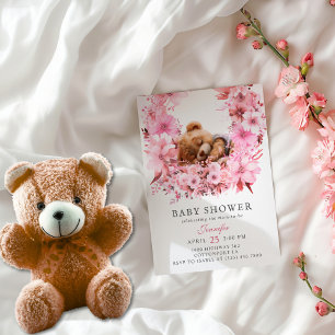 Soft Pink Floral Sleeping Teddy Bear Baby Shower Invitation