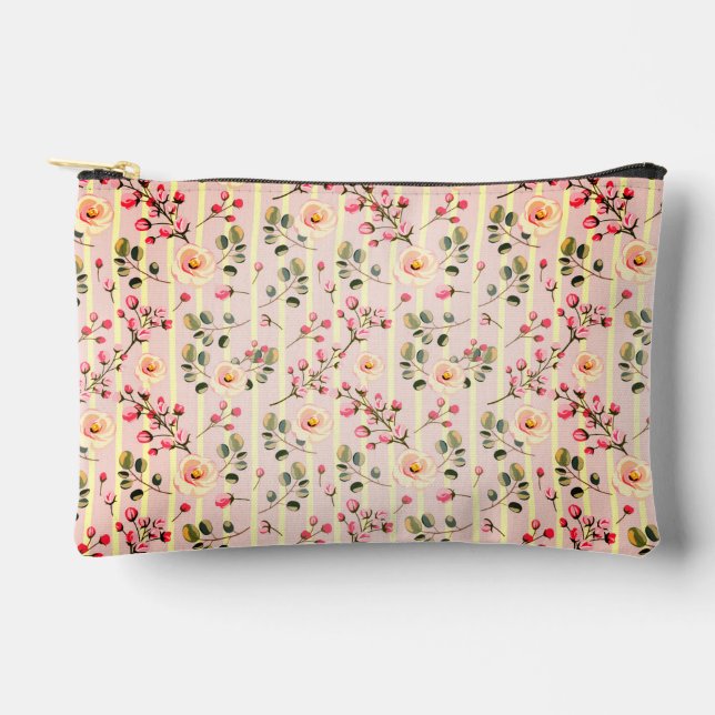 Soft Pink Floral Stripe Pattern Accessory Pouch (Front)