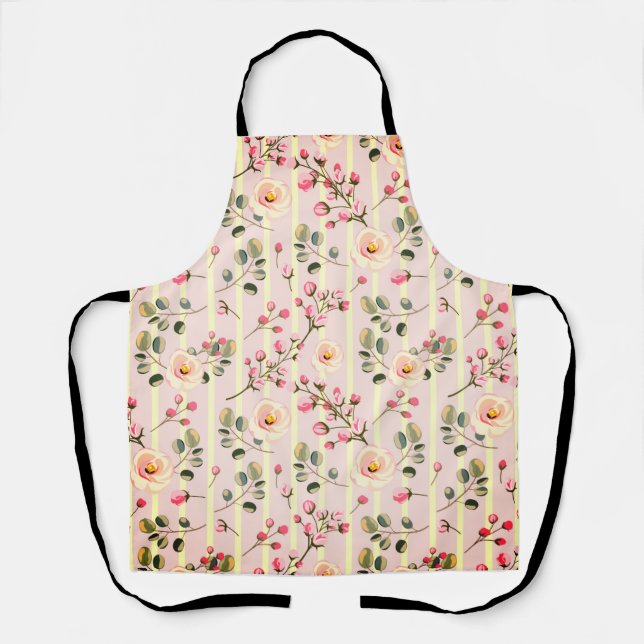 Soft Pink Floral Stripe Pattern Apron (Front)