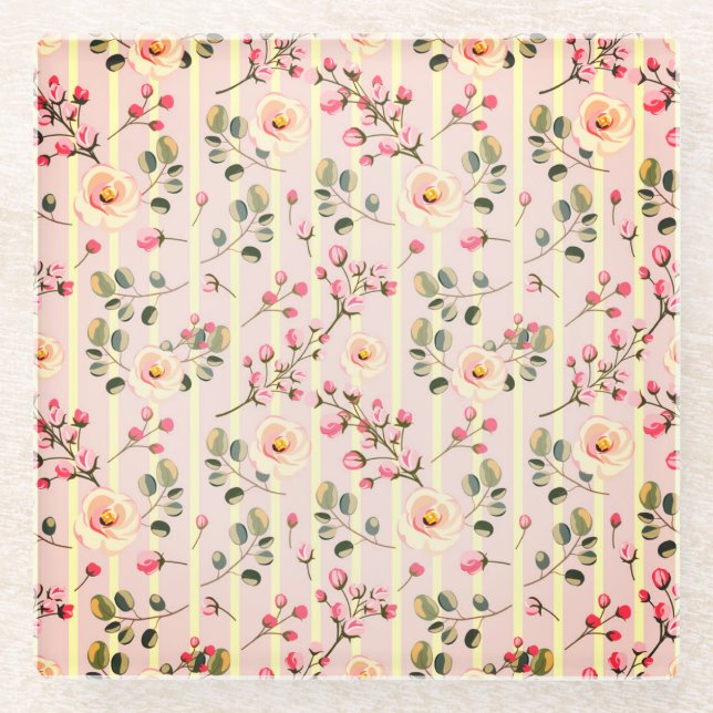 Soft Pink Floral Stripe Pattern Glass Coaster (Front)