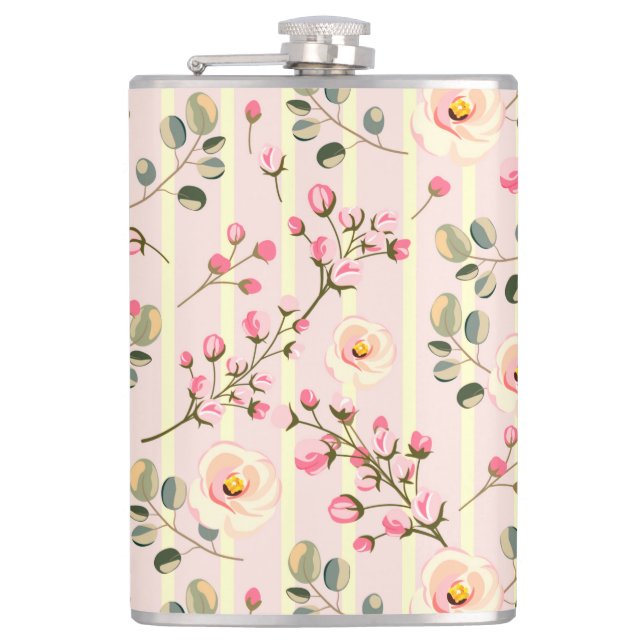 Soft Pink Floral Stripe Pattern Hip Flask (Front)