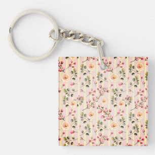 Soft Pink Floral Stripe Pattern Key Ring