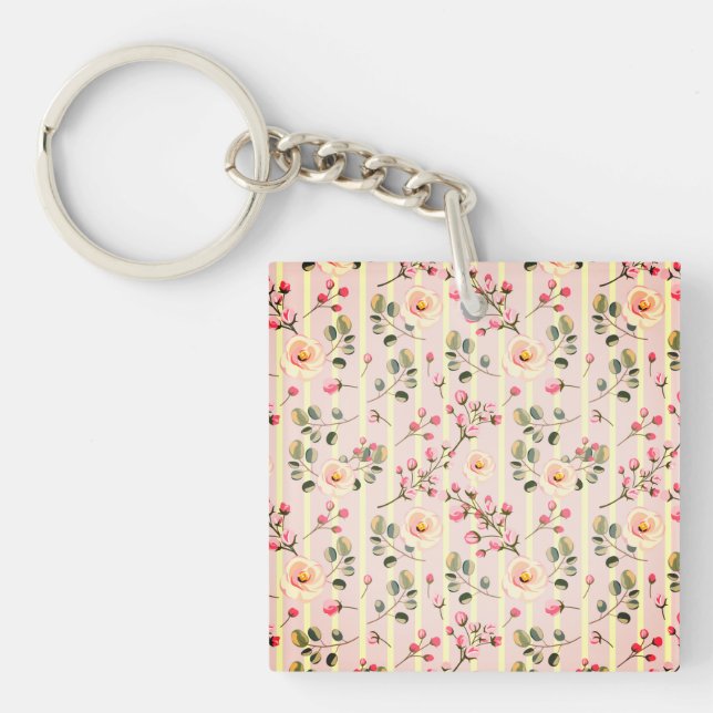 Soft Pink Floral Stripe Pattern Key Ring (Front)