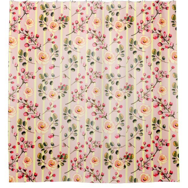 Soft Pink Floral Stripe Pattern Shower Curtain (Front)