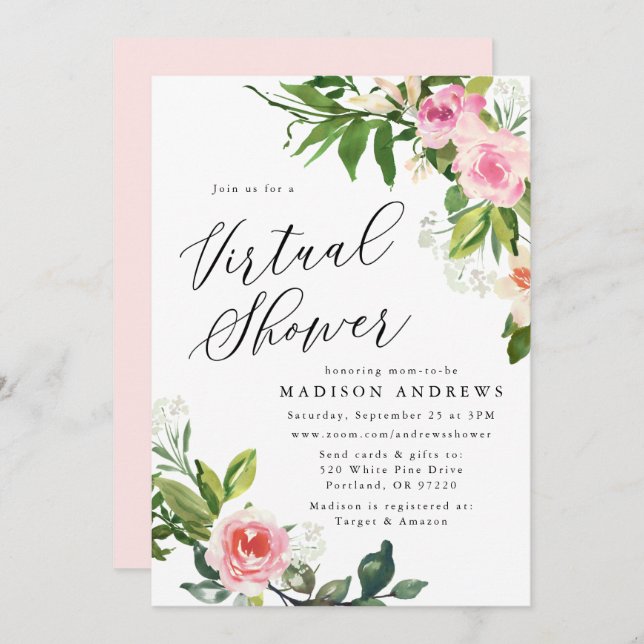 Soft Pink Floral Virtual Baby Shower Invitation (Front/Back)