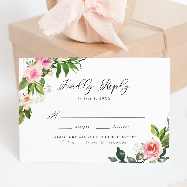 Soft Pink Floral Wedding Meal Choice RSVP Card (Creator Uploaded)