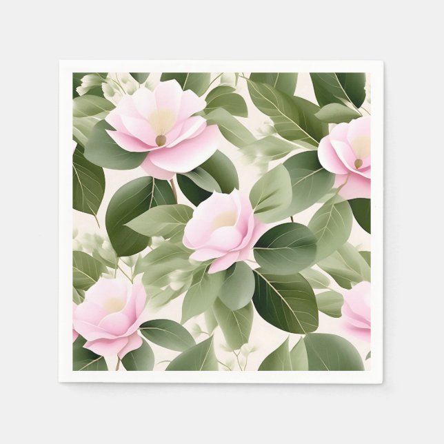 Soft Pink Floral  With Eucalyptus Leaves Pattern Napkin (Front)