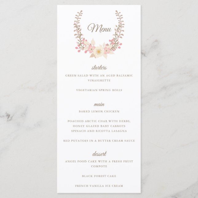 Soft Pink Floral Wreath Menu Card (Front)