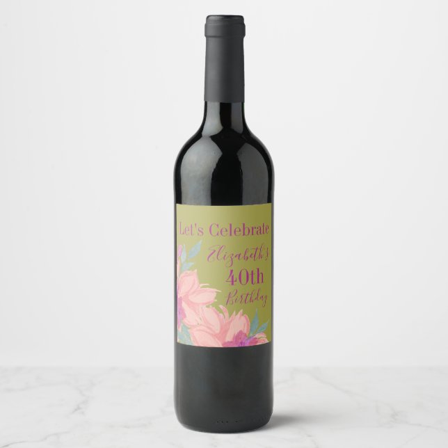 Soft Pink Florals on Green Wine Label (Front)