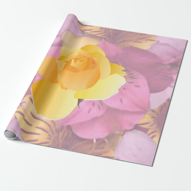 Soft Pink Flowers Yellow Rose Wrapping Paper (Unrolled)