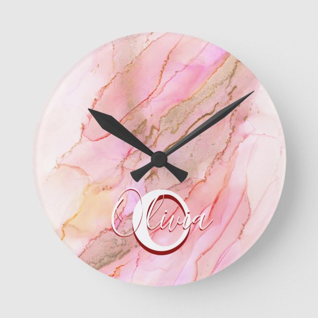 Soft Pink Fluid Alcohol Ink Round Clock (Front)