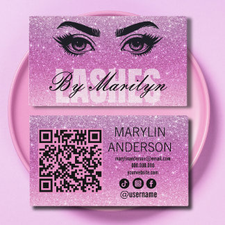 Soft Pink Glitter Ombre Lash Tech with QR Code Business Card