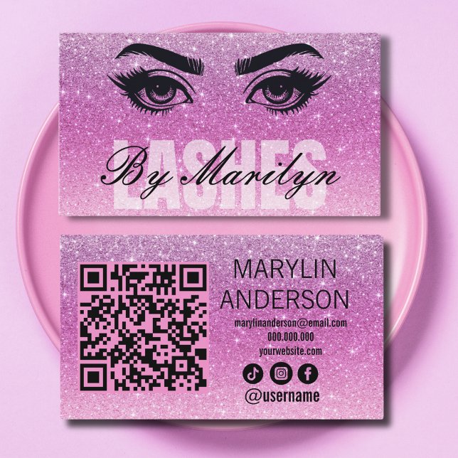 Soft Pink Glitter Ombre Lash Tech with QR Code Business Card (Creator Uploaded)