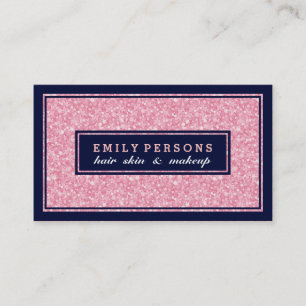 Soft Pink Glitter Texture Navy-Blue Accents Business Card