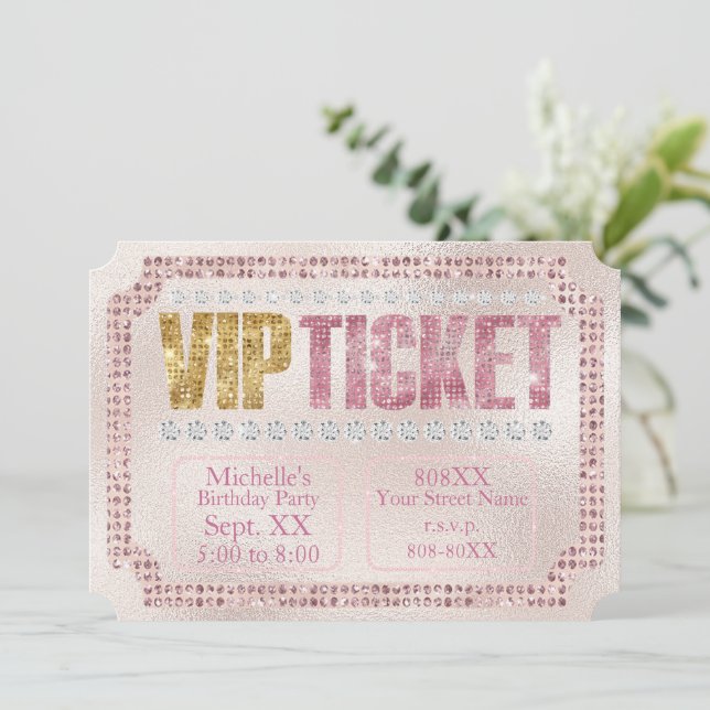 Soft Pink & Gold Diamonds Ticket Invitation (Standing Front)