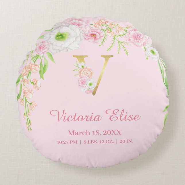 Soft Pink Gold Monogram "V" Baby Girl Stats Round Cushion (Front)
