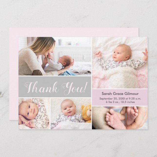 Soft Pink Gray Custom baby girl photo collage  Thank You Card (Front/Back)