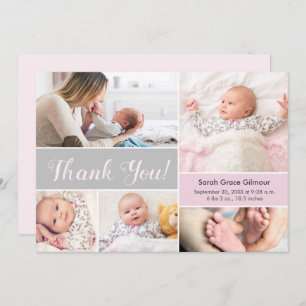 Soft Pink Gray Custom baby girl photo collage Thank You Card
