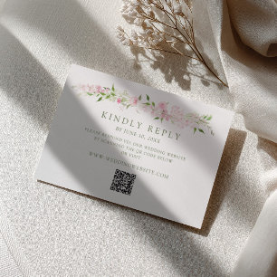 Soft Pink Green Floral Border Wedding QR Code RSVP Card