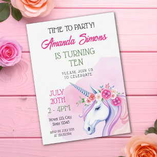 Soft Pink Green Floral Unicorn Girl 10th Birthday Invitation