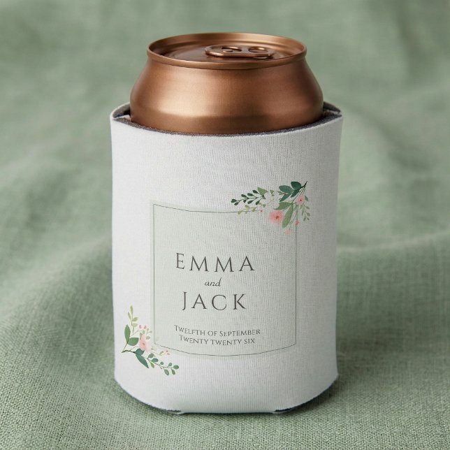 Soft pink greenery names wedding can cooler (Soft pink greenery names wedding can cooler.)