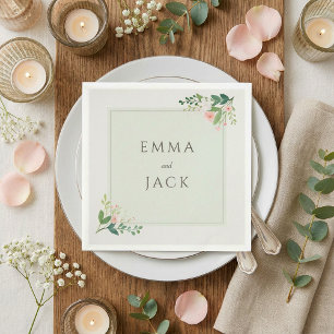 Soft pink greenery names wedding napkin