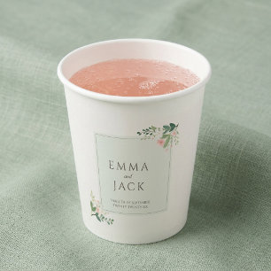 Soft pink greenery names wedding paper cups