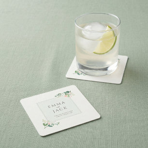Soft pink greenery names wedding square paper coaster