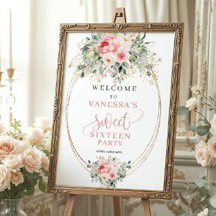 Soft Pink Greenery Sweet Sixteen Welcome Sign