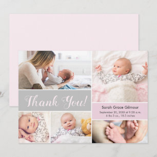 Soft Pink Grey Custom baby girl photo collage  Thank You Card