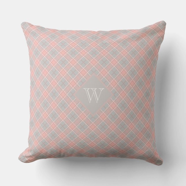 Soft Pink Grey Monogram Gingham Girly Plaid Cushion (Front)