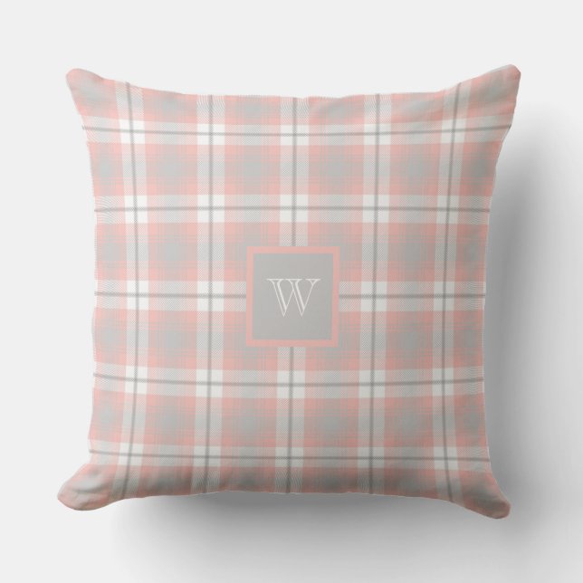 Soft Pink Grey Monogram Gingham Girly Plaid Cushion (Front)