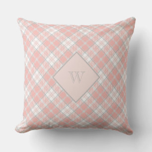 Soft Pink Grey Monogram Gingham Girly Plaid Cushion