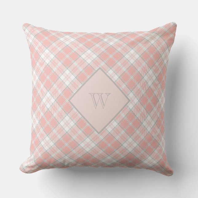 Soft Pink Grey Monogram Gingham Girly Plaid Cushion (Front)