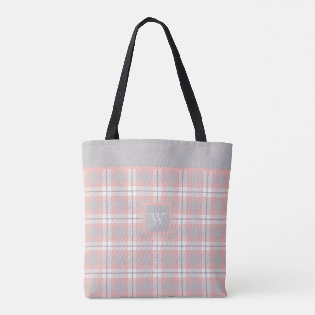 Soft Pink Grey Monogram Gingham Girly Plaid Tote Bag (Back)