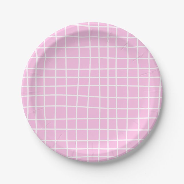 Soft Pink Grid Abstract Pattern Paper Plate (Front)