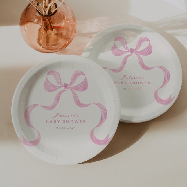 Soft Pink Hand Drawn Bow Baby Shower Paper Plate (Creator Uploaded)