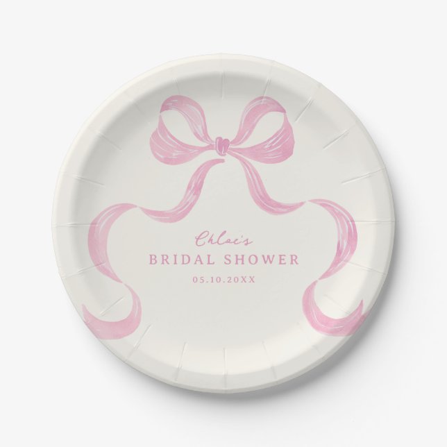 Soft Pink Hand Drawn Bow Bridal Shower Paper Plate (Front)