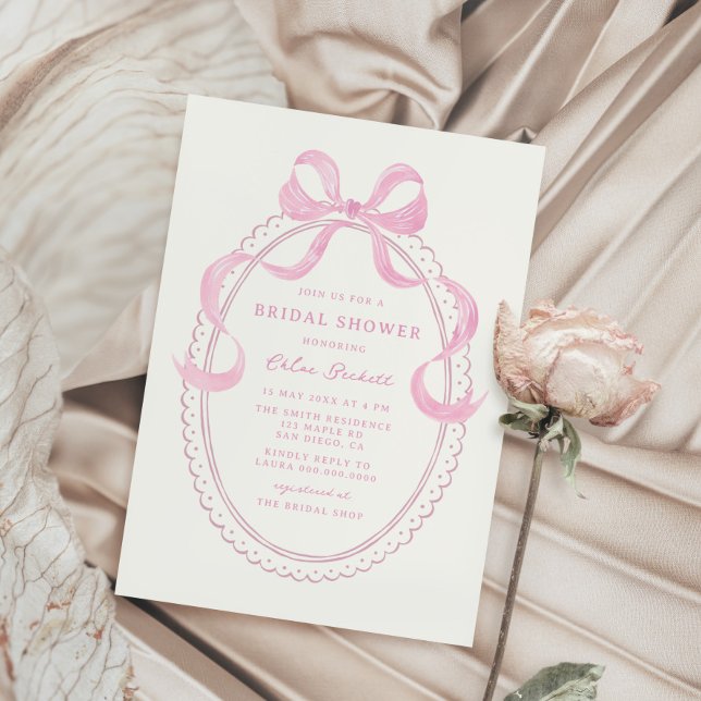 Soft Pink Hand Drawn Bow Frame Bridal Shower Invitation (Creator Uploaded)