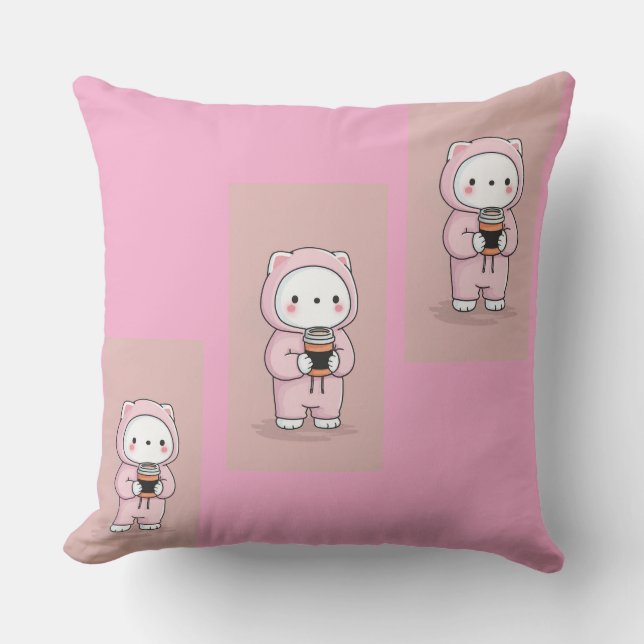 Soft Pink Kids Throw Pillow with Innocent Cartoon (Front)