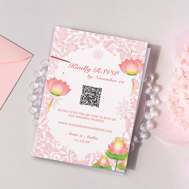 Soft Pink Lotus Lanterns Indian Wedding RSVP Invitation (Creator Uploaded)