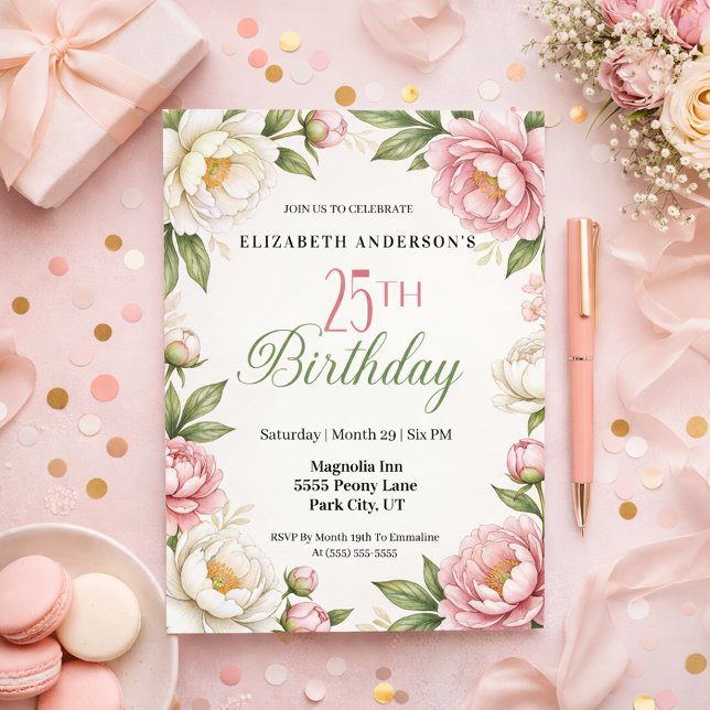 Soft Pink Magnolia and Peony 25th Birthday  Invitation (Creator Uploaded)