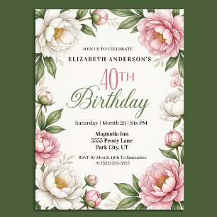 Soft Pink Magnolia and Peony 40th Birthday  Invitation