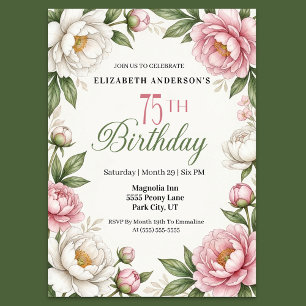 Soft Pink Magnolia and Peony 75th Birthday  Invitation