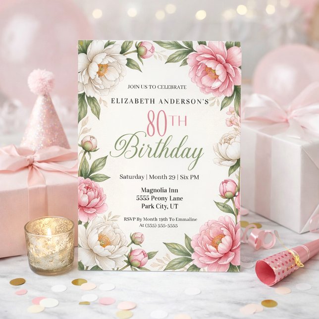 Soft Pink Magnolia and Peony 80th Birthday  Invitation (Elegant floral 80th birthday invitation with soft pink peonies white magnolia flowers )