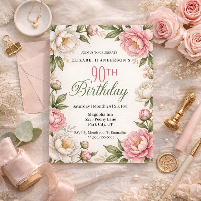 Soft Pink Magnolia and Peony 90th Birthday  Invitation (Elegant pink peony and white magnolia floral 90th birthday invitation with soft botanical greenery )