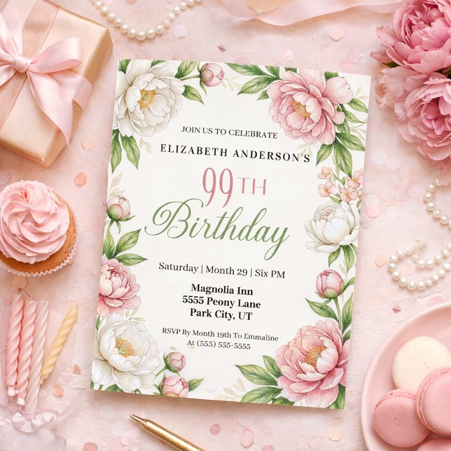 Soft Pink Magnolia and Peony 99th Birthday  Invitation (Elegant pink peony and white magnolia floral 99th birthday invitation with botanical greenery )