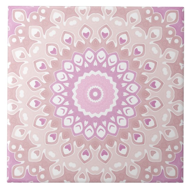 Soft Pink Mandala with Heart and Petal Motifs Ceramic Tile (Front)