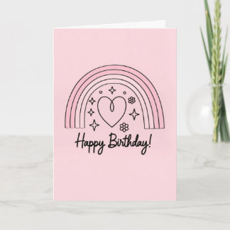 Soft pink minimalist heart with rainbow birthday card